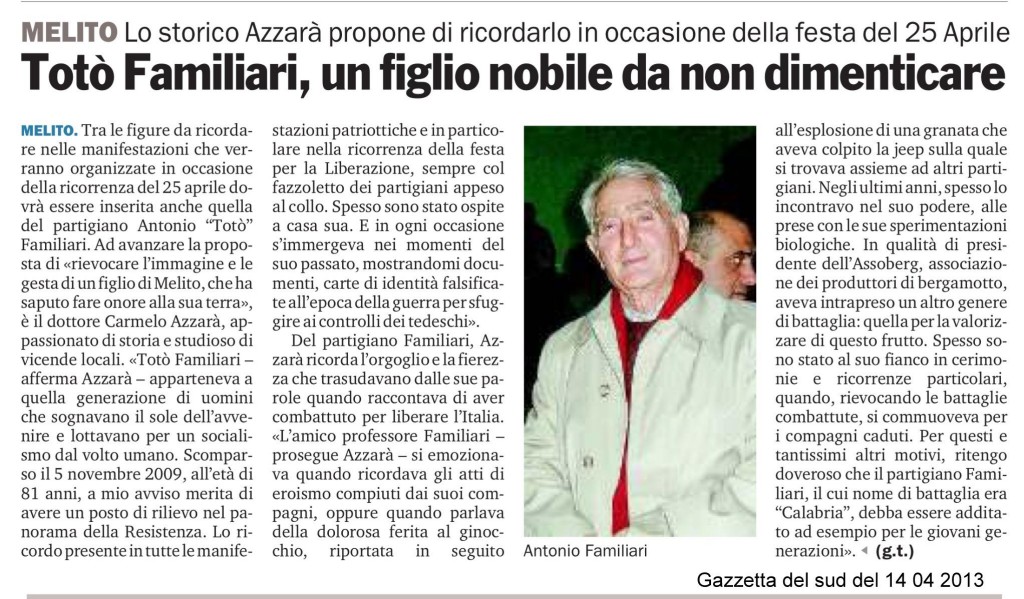 Melito di Porto Salvo (RC) Ricordo di Antonio Familiari 